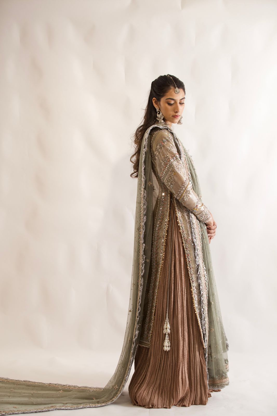 Grey Silver Slit Floral Embroidery Lehenga Set